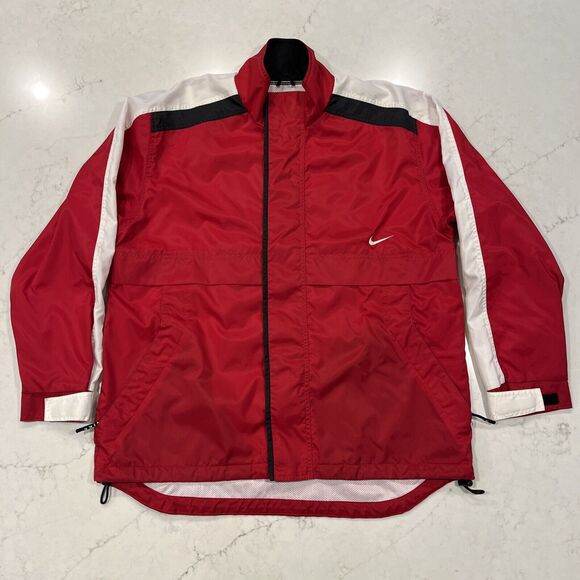 Vintage 90's Nike Full Zip Vented Rain Jacket Red White Swoosh Windbreaker Sz M - Picture 1 of 14